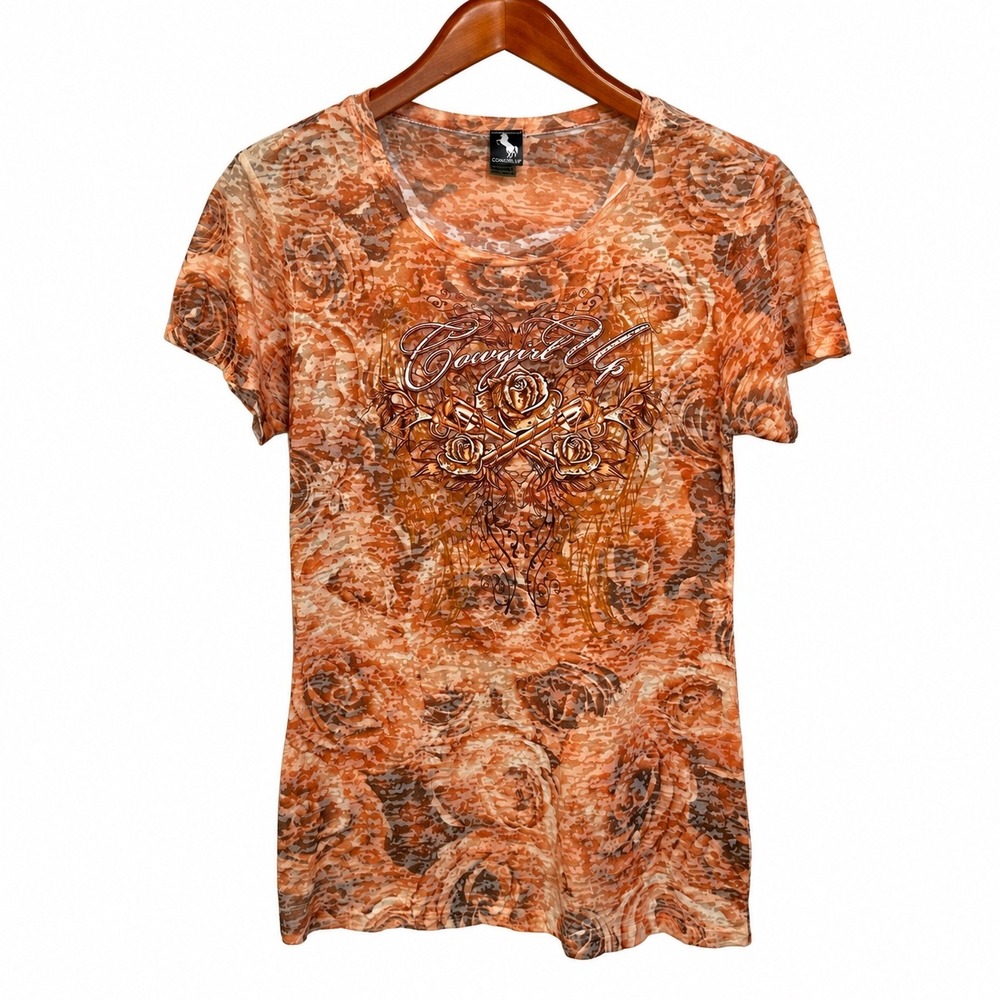 Cowgirl Up Womens XL Burnout Rose Graphic Tee Orange Brown Guns Roses 1AP0033